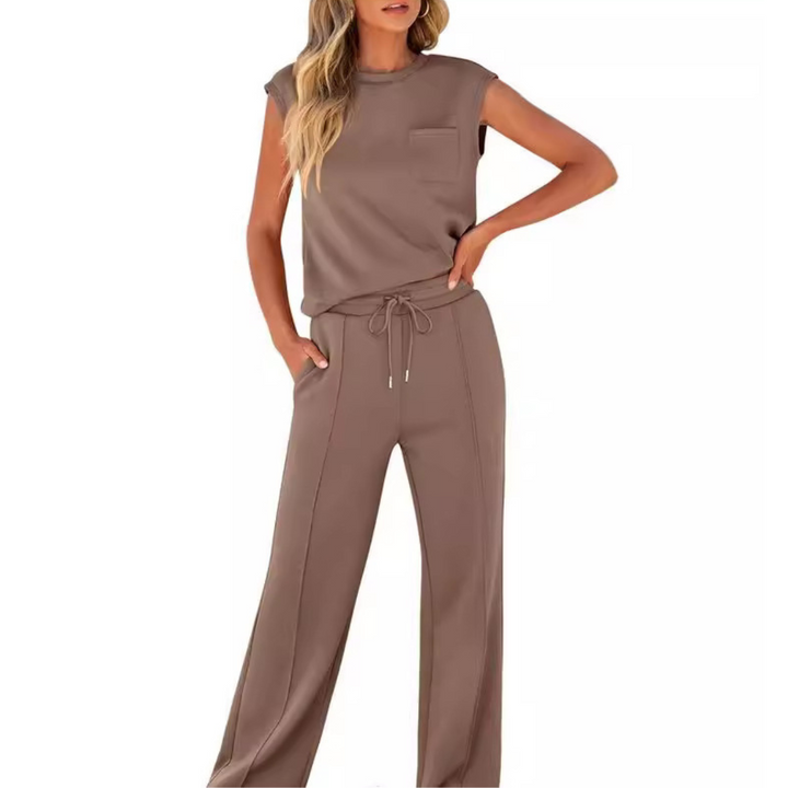 Julia braunes Sommer Lounge Co-Ord Set mit ärmellosem Oberteil und weiter Hose