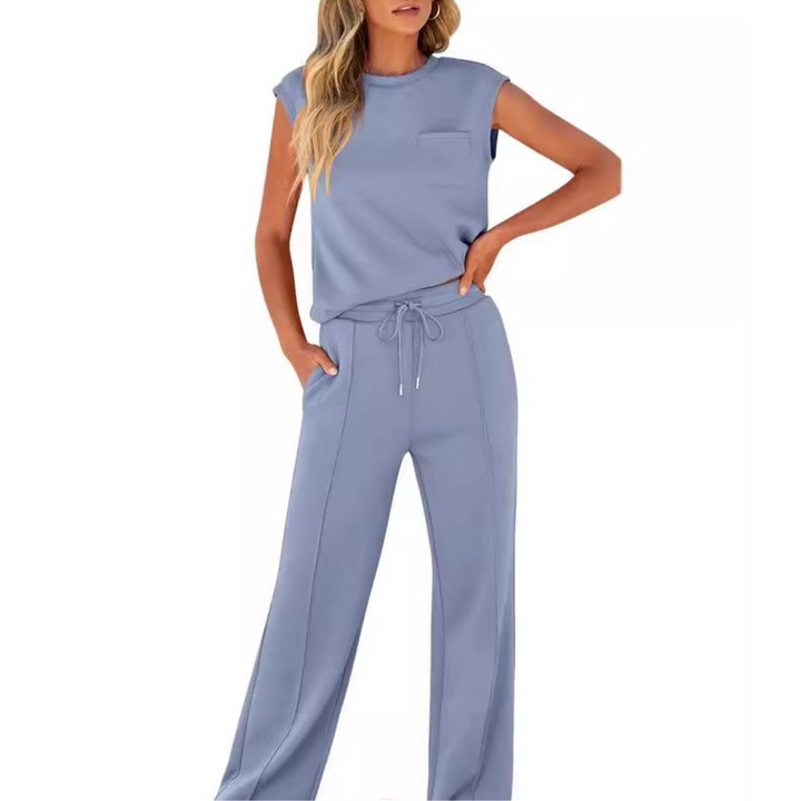Blaues Julia Sommer Lounge Co-Ord Set mit ärmellosem Top und weiter Hose