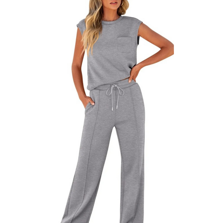 Graues Julia Sommer Lounge Co-Ord Set mit ärmellosem Top und weiter Hose
