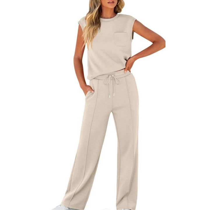 Beiges Julia Sommer Lounge Co-Ord Set mit ärmellosem Top und weiter Hose