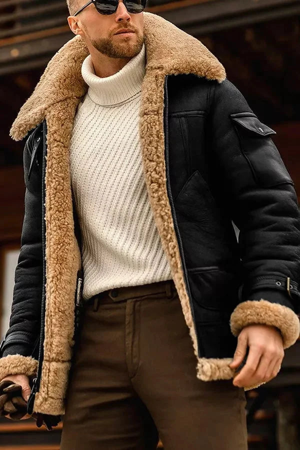 Schwarze Herren-Fliegerjacke mit kuscheligem Teddyfutter und markantem Fellkragen für einen stilvollen Winter-Look.