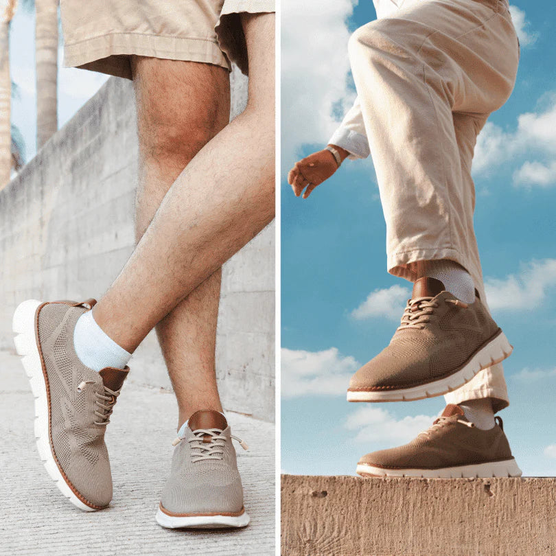 Beiger Herren-Mesh-Sneaker Julian mit Schnürung, braunen Lederdetails und flexibler weißer Laufsohle im sportlichen Design.