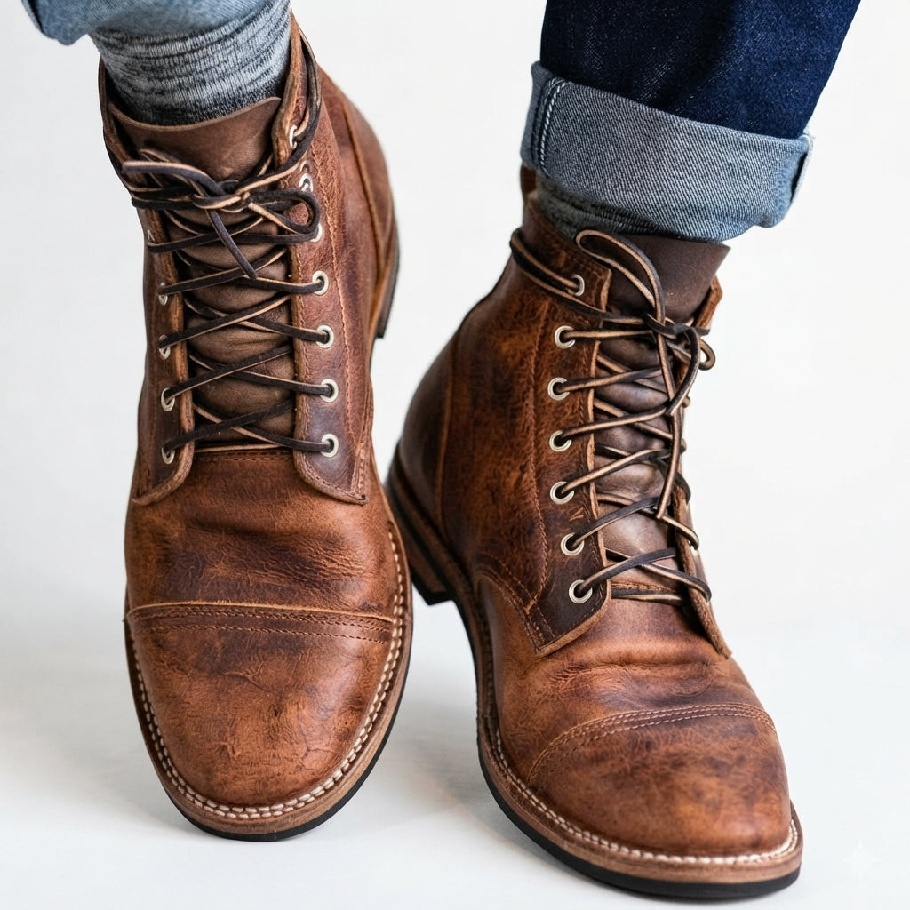 Braune Herren-Schnürboots aus robustem Vintage-Leder mit markanter Cap-Toe und robuster Laufsohle.