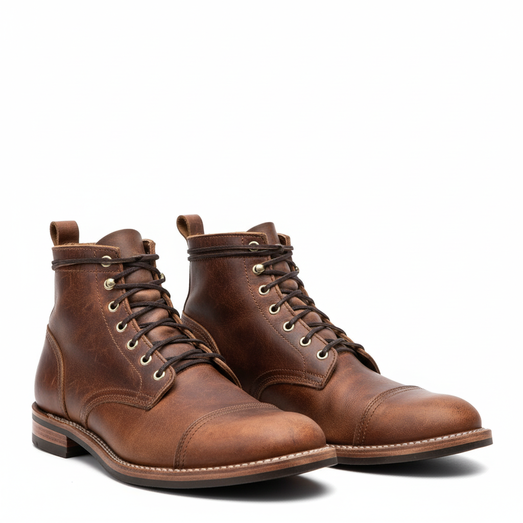 Braune Julius Schnürboots aus robustem Leder mit markanter Cap-Toe und Vintage-Patina für einen stilvollen, maskulinen Look.