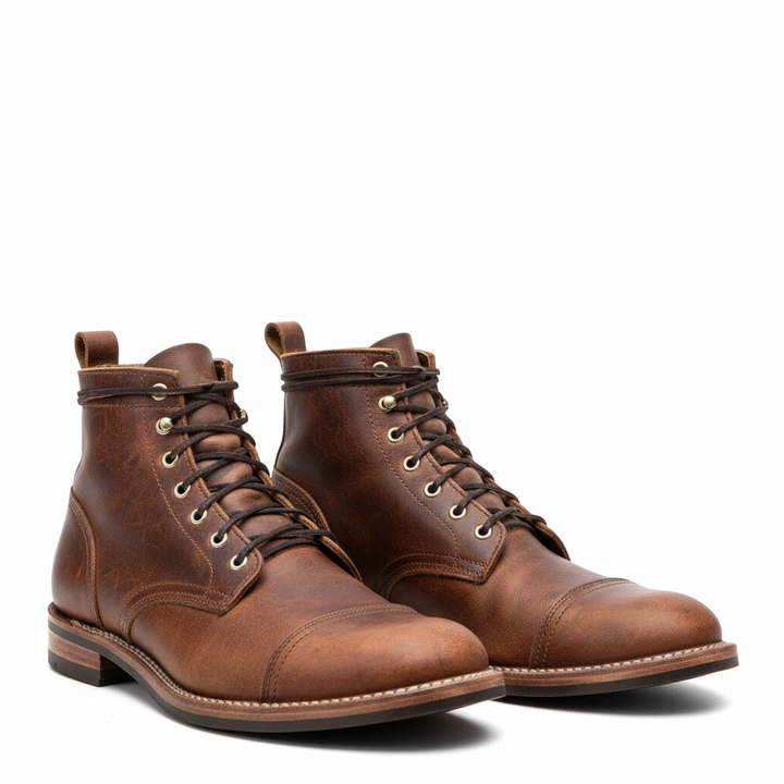 Braune Julius Schnürboots aus robustem Leder mit markanter Cap-Toe und Vintage-Patina für einen stilvollen, maskulinen Look.