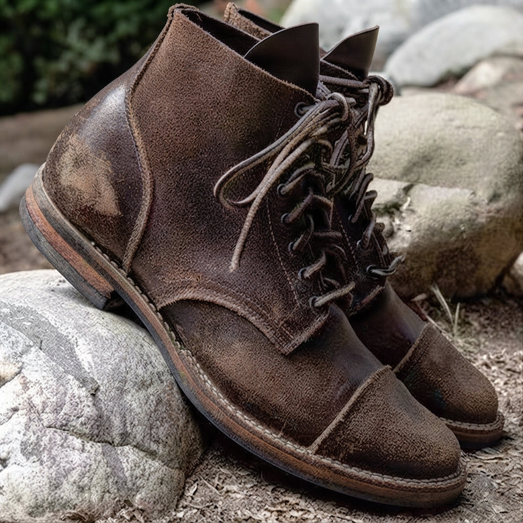 Dunkelbraune Julius Herren-Schnürboots aus robustem Leder mit markanter Vintage-Patina und verstärkter Cap-Toe.