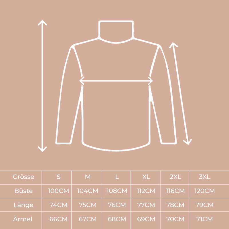 Größentabelle für den Larissa Damen Rollkragenpullover mit detaillierten Maßen für Brust, Länge und Ärmel in den Größen S bis 3XL.