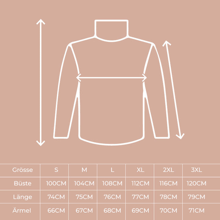 Größentabelle für den Larissa Damen Rollkragenpullover mit detaillierten Maßen für Brust, Länge und Ärmel in den Größen S bis 3XL.