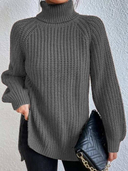Dunkelgrauer, gerippter Damen-Rollkragenpullover in lockerer Passform mit seitlichen Schlitzen für einen stilvollen Winterlook.