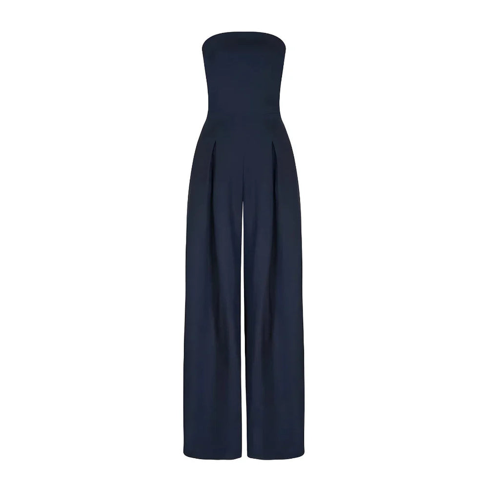Trägerloser Larissa Jumpsuit in Dunkelblau mit plissierter Front und weitem Bein.