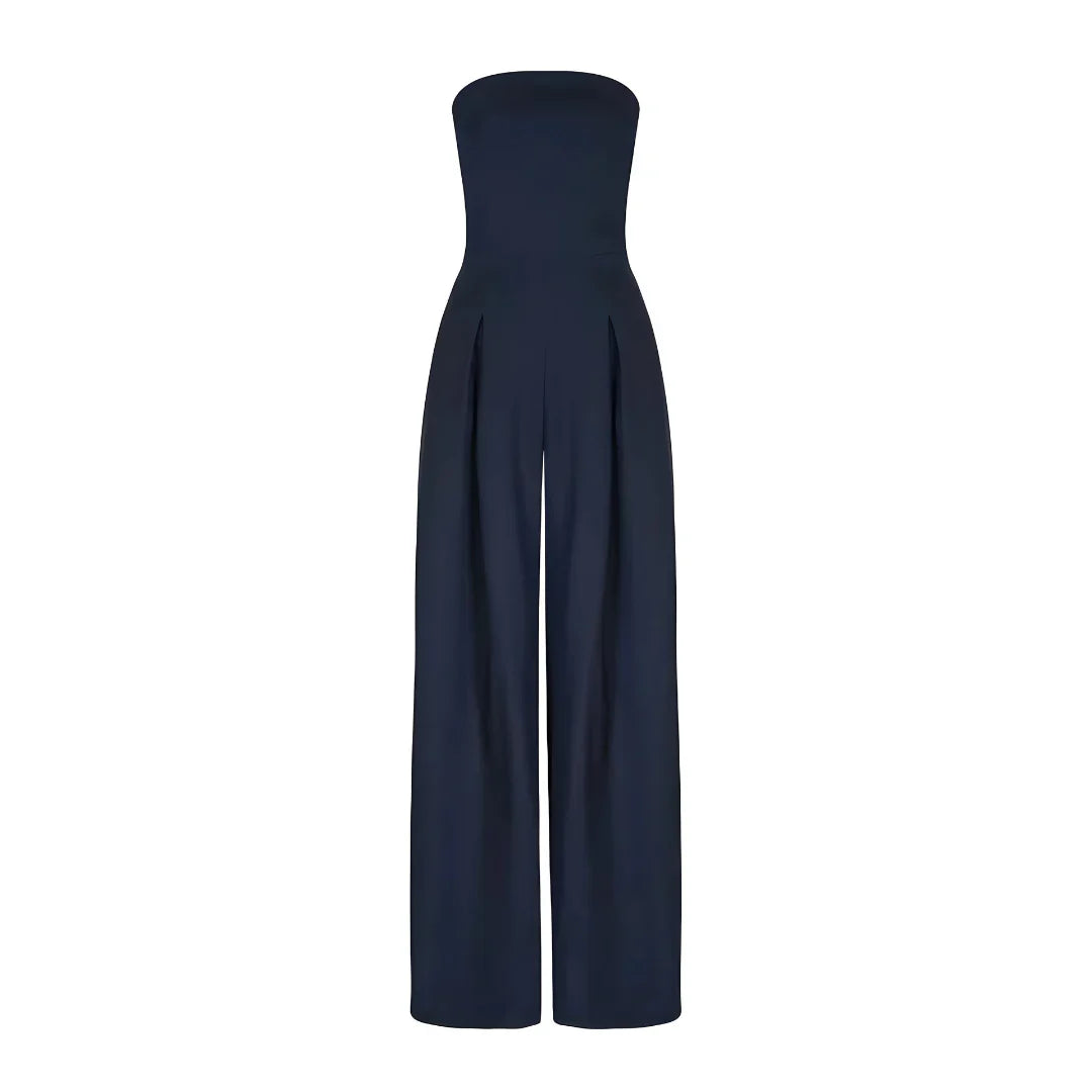 Trägerloser Larissa Jumpsuit in Dunkelblau mit plissierter Front und weitem Bein.