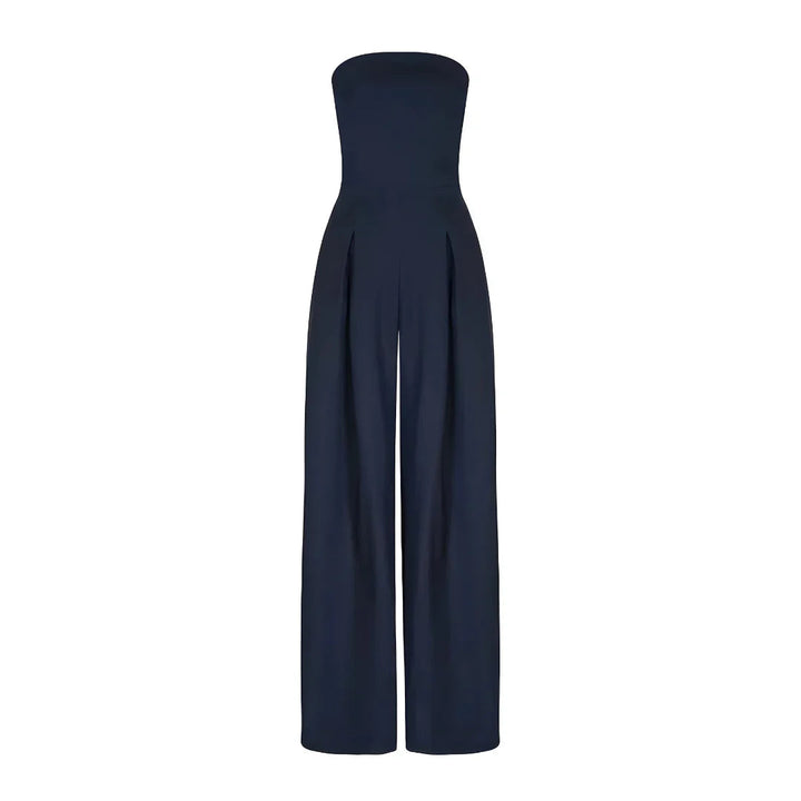 Trägerloser Larissa Jumpsuit in Dunkelblau mit plissierter Front und weitem Bein.