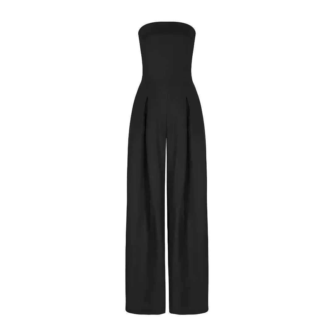 Trägerloser Larissa Jumpsuit in Schwarz mit weitem Bein und plissierter Front.