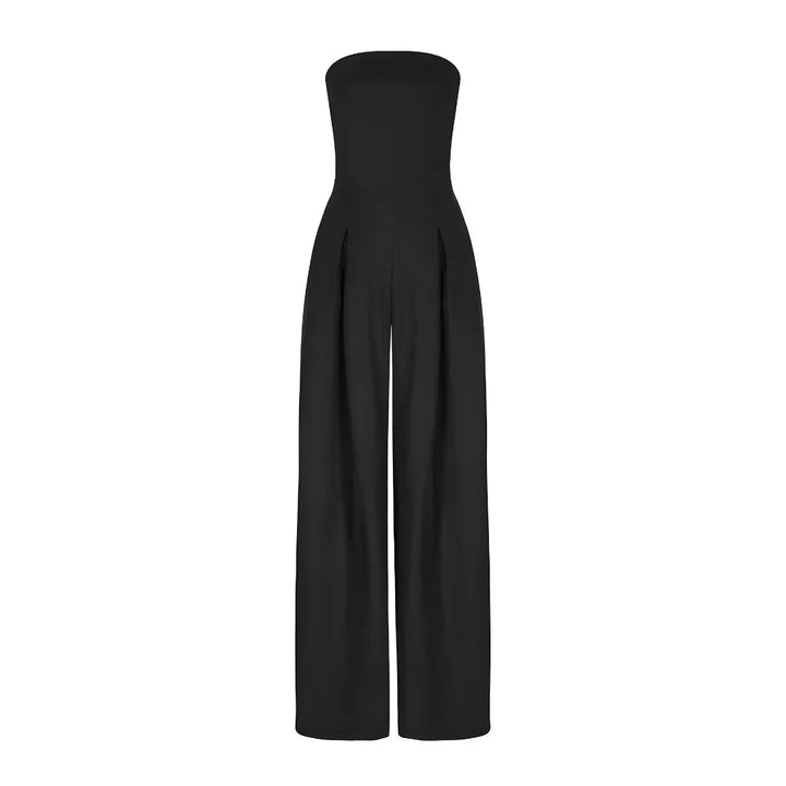 Trägerloser Larissa Jumpsuit in Schwarz mit weitem Bein und plissierter Front.