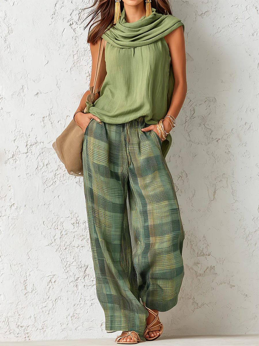 Grünes Laura Boho-Set mit ärmelloser Bluse und karierter, weiter Hose