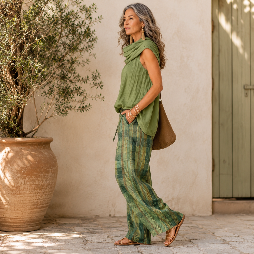 Grünes Laura Boho-Set mit ärmelloser Bluse und karierter, weit geschnittener Hose