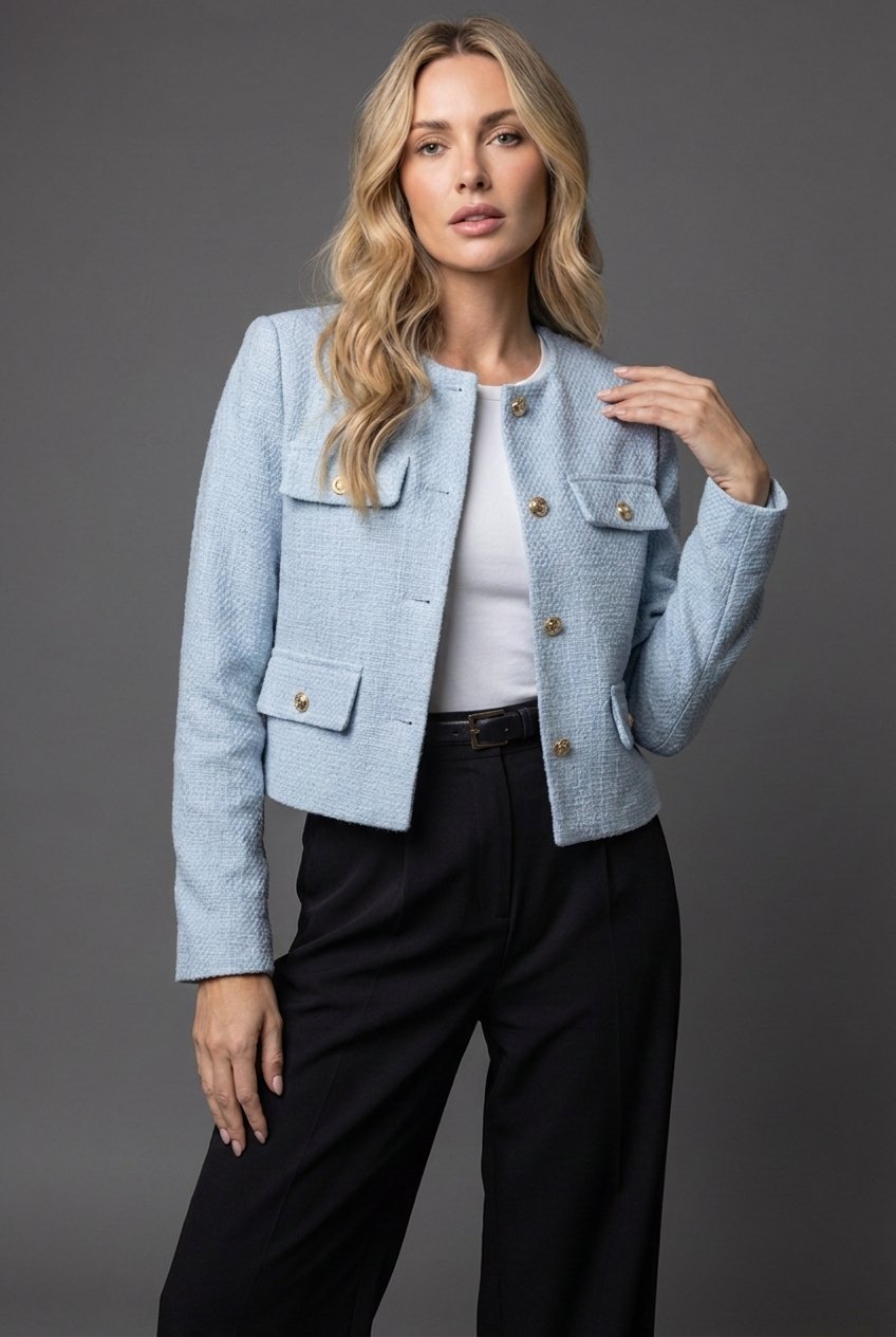 Lena | Damen Cropped Tweed Blazer mit Goldknöpfen