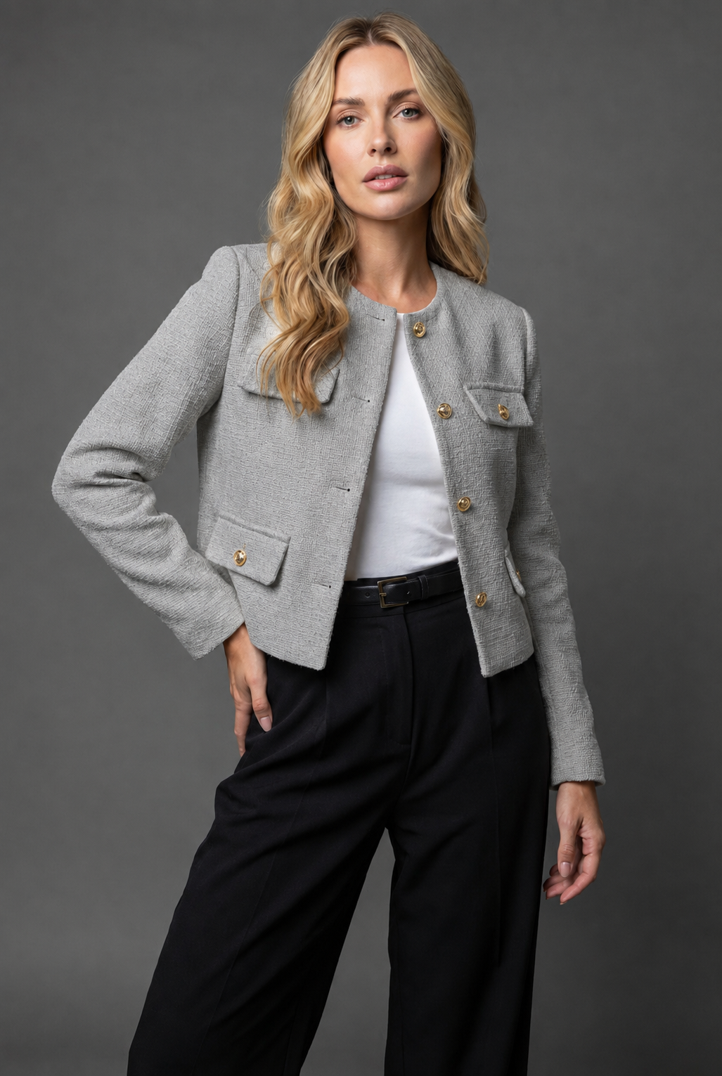 Lena | Damen Cropped Tweed Blazer mit Goldknöpfen