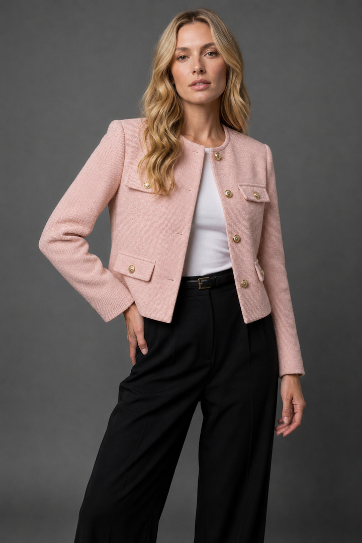 Lena | Damen Cropped Tweed Blazer mit Goldknöpfen