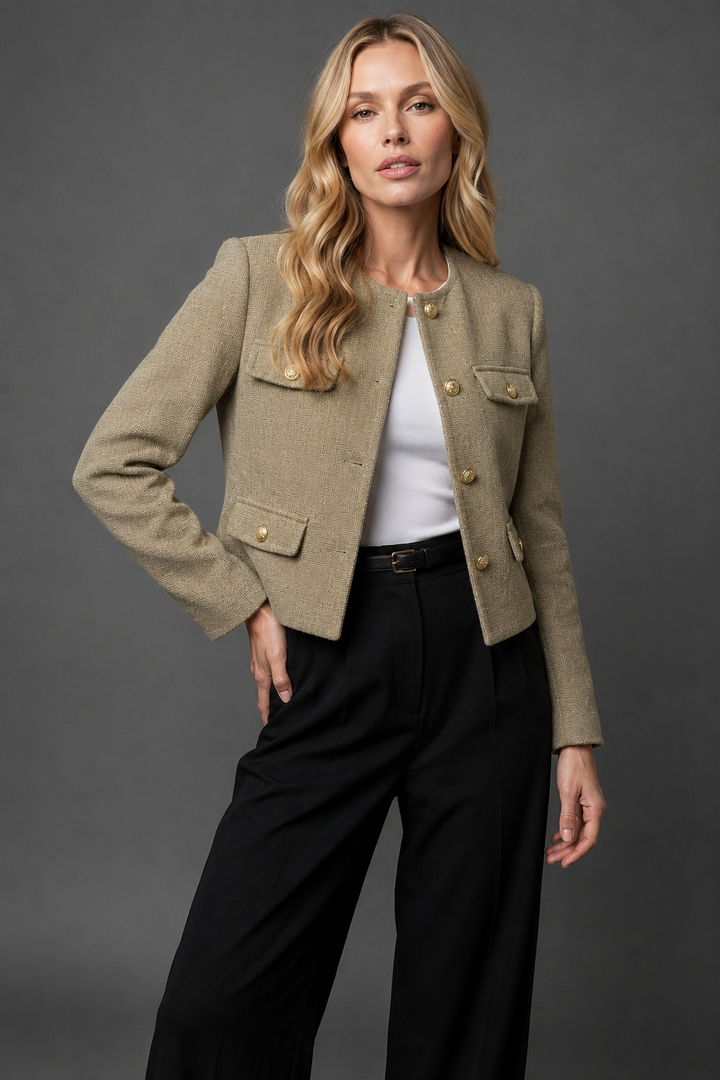 Lena | Damen Cropped Tweed Blazer mit Goldknöpfen