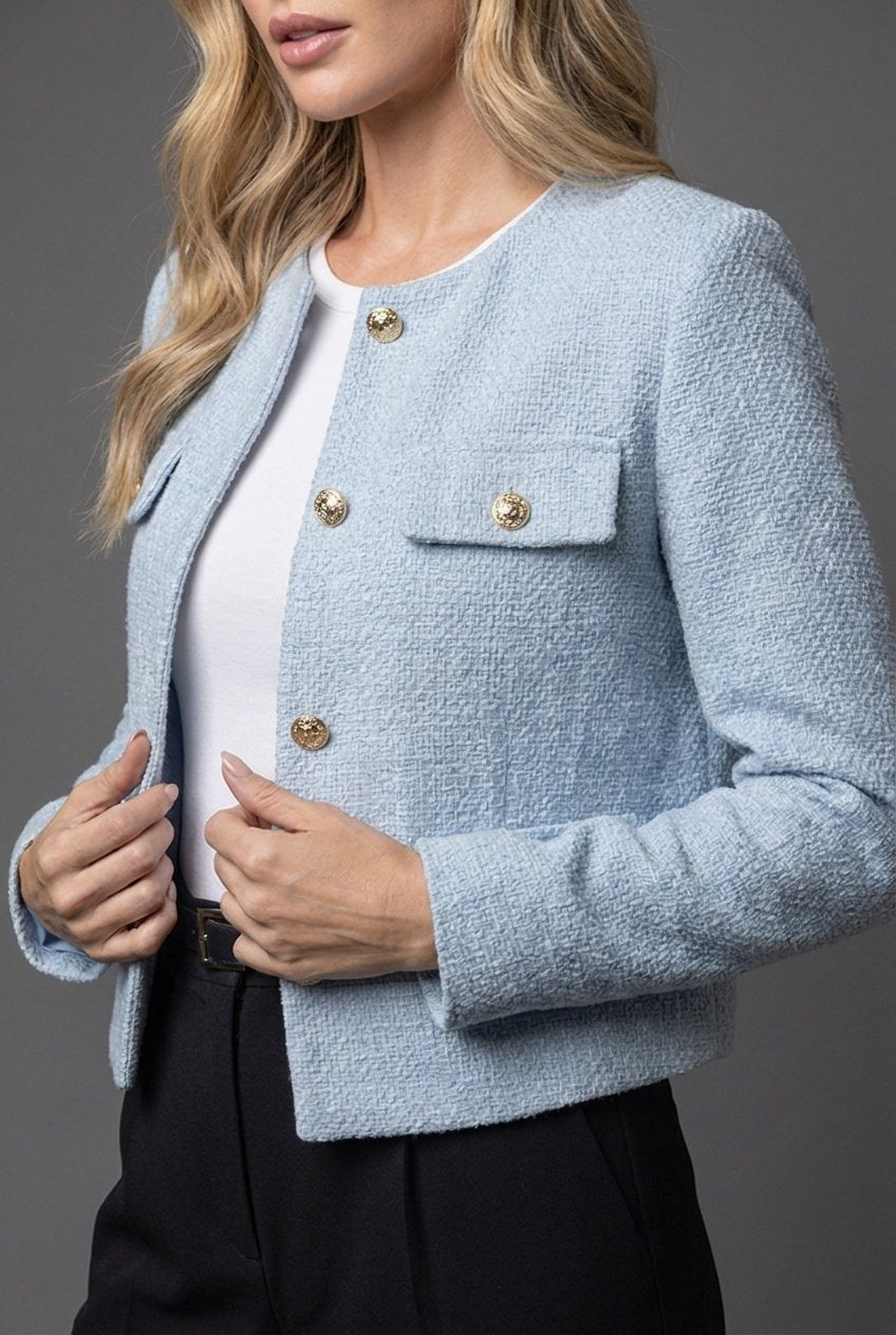 Lena | Damen Cropped Tweed Blazer mit Goldknöpfen