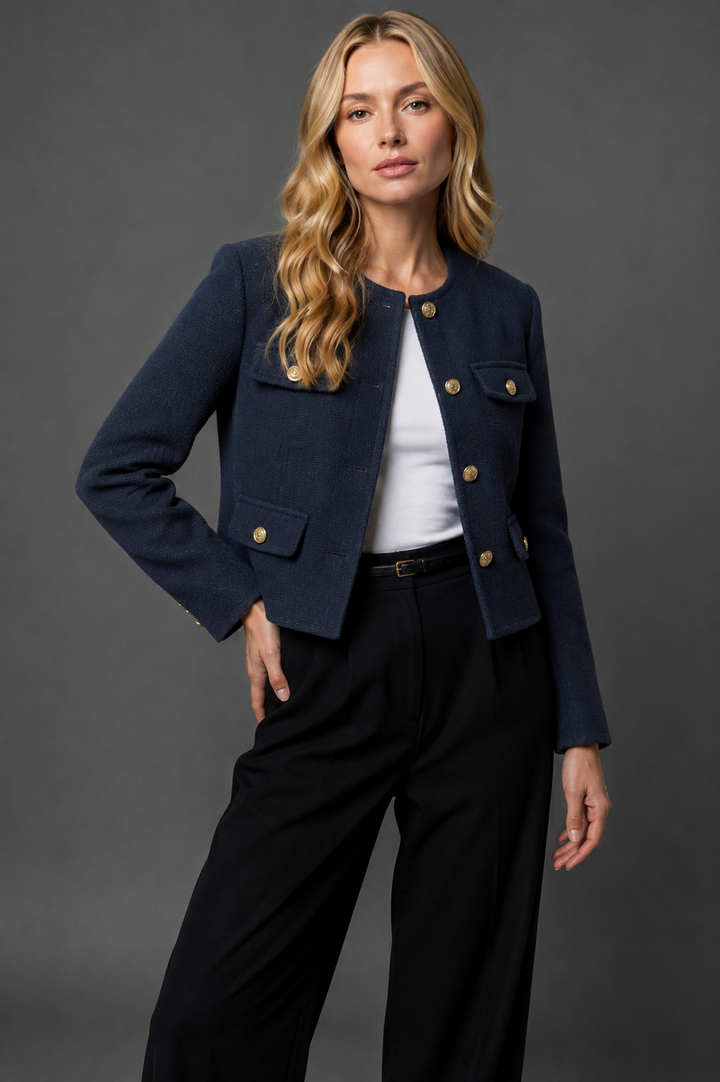 Lena | Damen Cropped Tweed Blazer mit Goldknöpfen