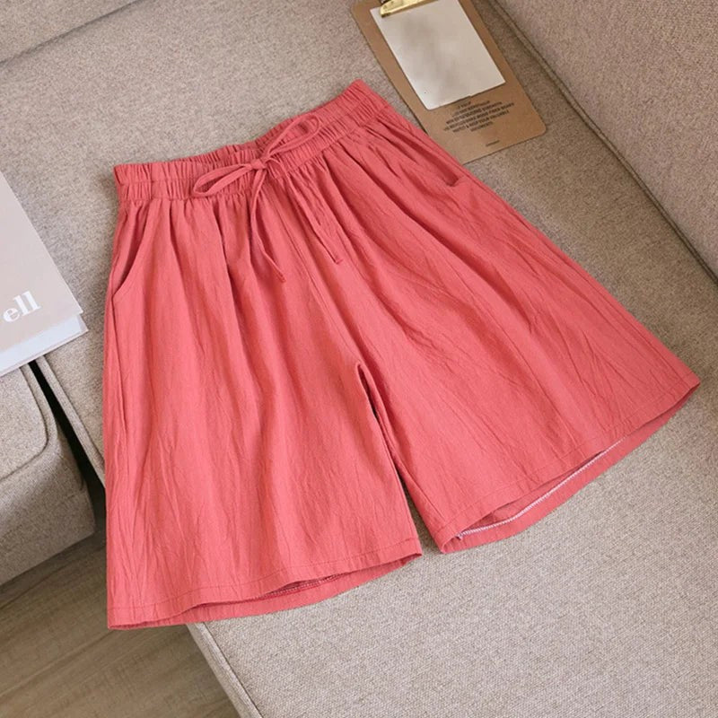 Lena Damen Leinen Sommer Kurze Hose in Koralle mit Kordelzug und Seitentaschen.