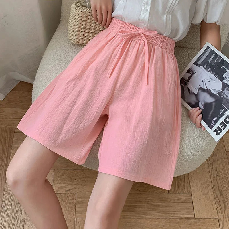 Lena Damen Leinen Sommer Kurze Hose in Rosa mit Kordelzug, Bermuda-Länge für entspannten Komfort.