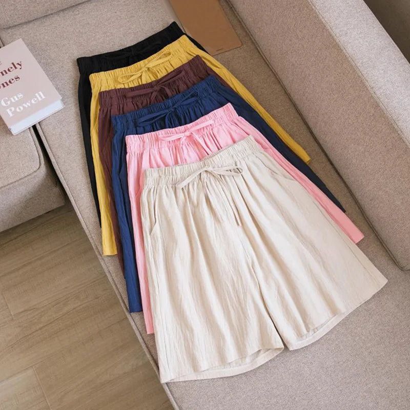 Lena Damen Leinen Sommer Kurze Hose in Beige, Pink, Navy, Braun, Gelb & Schwarz mit Kordelzug.