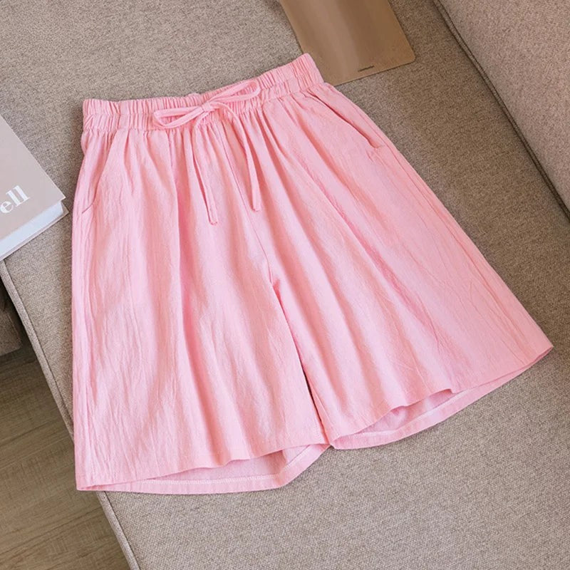 Rosa Lena Damen Leinen Sommer Kurze Hose mit Kordelzug und Seitentaschen für lässigen Komfort.