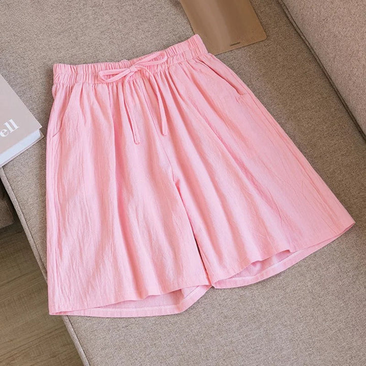 Rosa Lena Damen Leinen Sommer Kurze Hose mit Kordelzug und Seitentaschen für lässigen Komfort.