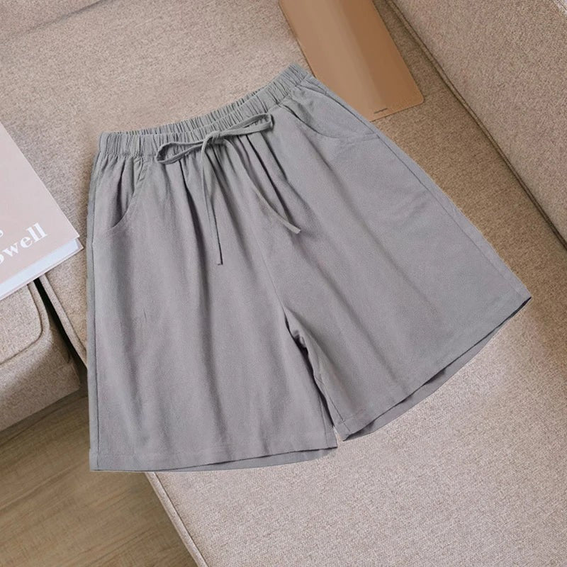 Lena Damen Leinen Sommer Kurze Hose in Grau mit Kordelzug und Seitentaschen.