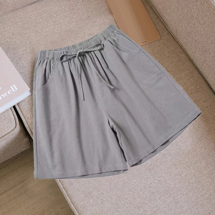 Lena Damen Leinen Sommer Kurze Hose in Grau mit Kordelzug und Seitentaschen.