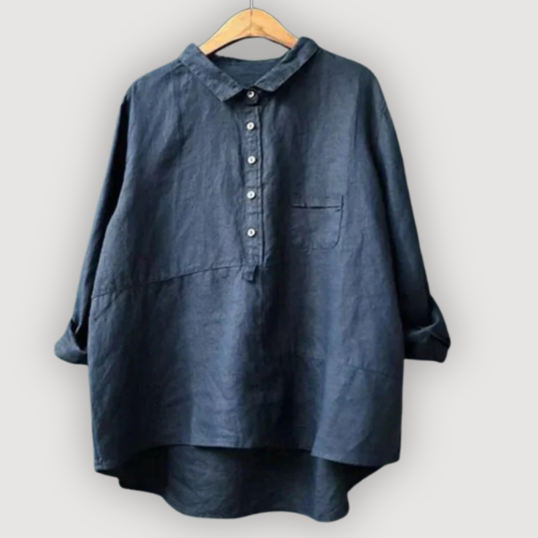 Dunkelblaue Lena Damen-Leinenbluse im Relaxed Fit mit Knopfleiste und Kragen