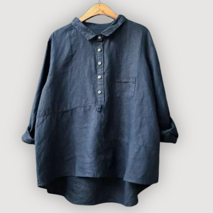 Dunkelblaue Lena Damen-Leinenbluse im Relaxed Fit mit Knopfleiste und Kragen