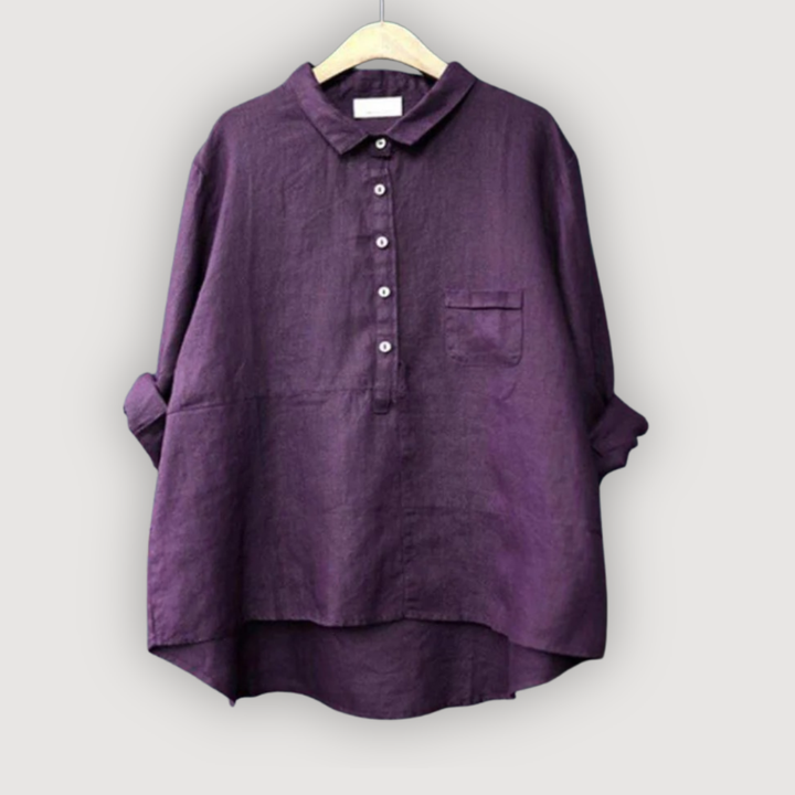 Dunkellila Lena Leinenbluse für Damen im Relaxed Fit mit Knopfleiste und Kragen