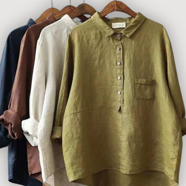 Lena Damen-Leinenblusen in Olivgrün, Beige, Braun und Dunkelblau auf Kleiderbügeln