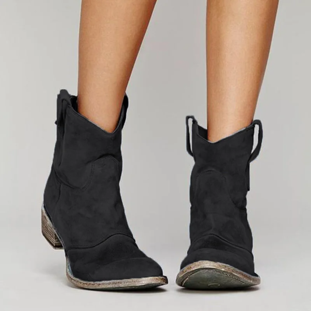 Schwarze Damen-Western-Stiefeletten in Wildleder-Optik mit Blockabsatz und praktischen Anziehlaschen.