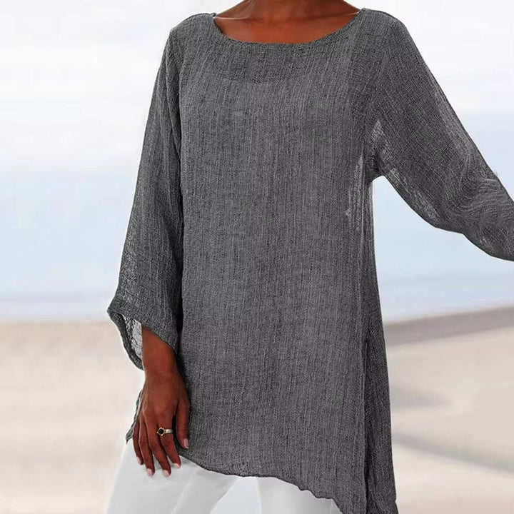 Dunkelgraue, locker geschnittene Oversized-Tunika in Leinenoptik mit Rundhalsausschnitt und asymmetrischem Saum.