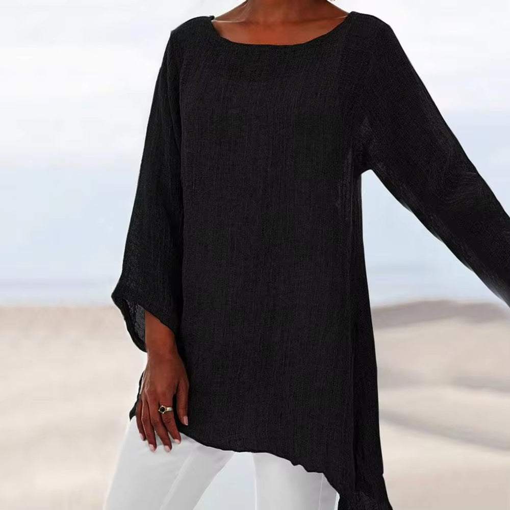 Schwarze, langärmelige Oversized-Tunika in Leinenoptik mit Rundhalsausschnitt und asymmetrischem Saum.
