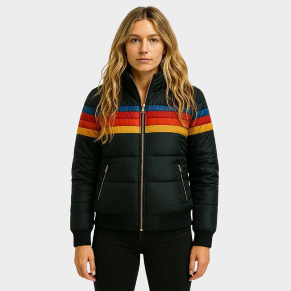 Schwarze Livia Puffer-Jacke mit Retro-Streifen, Steppoptik, Reißverschluss und gerippten Bündchen für stilvolle Wintertage.
