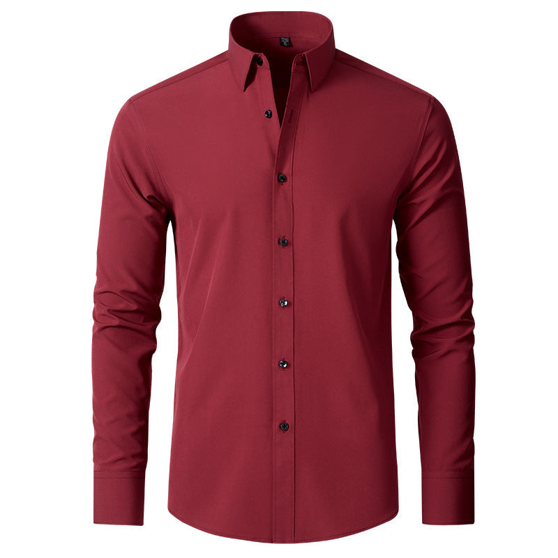 Dunkelrotes Slim Fit Stretch-Hemd für Herren mit klassischem Kragen und Knopfleiste in moderner Passform.