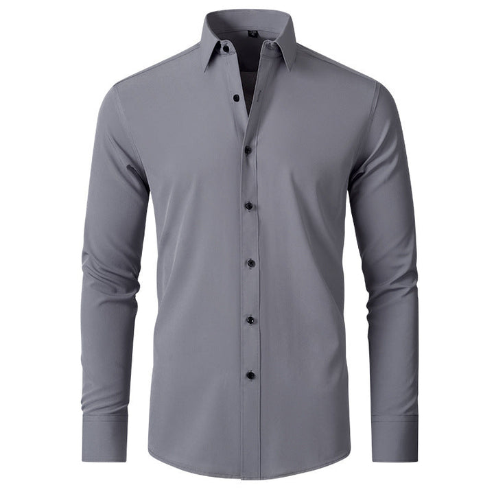 Graues, langärmliges Herren-Stretchhemd im Slim Fit mit klassischem Kragen und dunkler Knopfleiste.