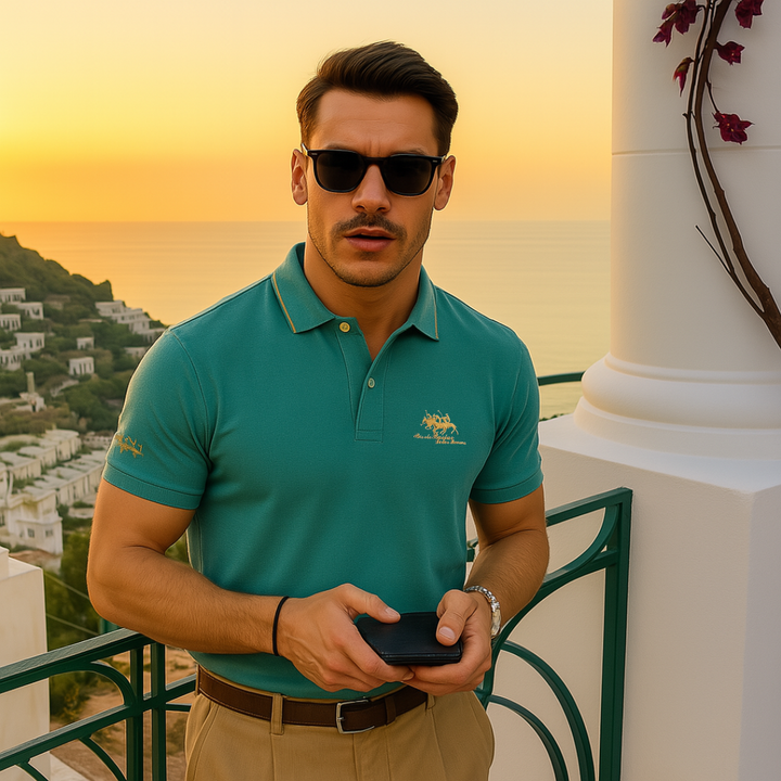 Grünes Herren-Poloshirt aus Baumwoll-Piqué mit klassischem Kragen, taillierter Passform und dezenter Stickerei.