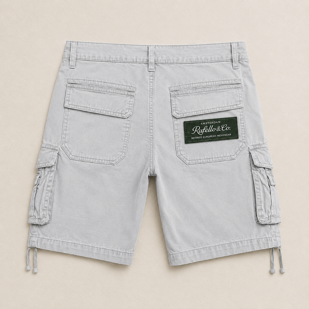 Hellgraue Lukas Cargo-Shorts für Herren mit Seitentaschen, Gesäßtaschen und Rafello & Co. Logo-Patch auf beigem Hintergrund.