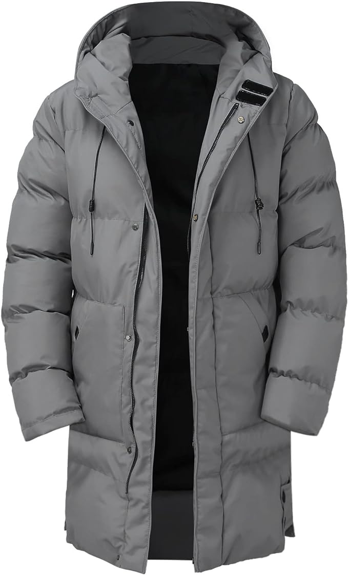 Graue, lange Lukas Pufferjacke für Herren mit warmer Steppung, verstellbarer Kapuze und praktischem Reißverschluss.