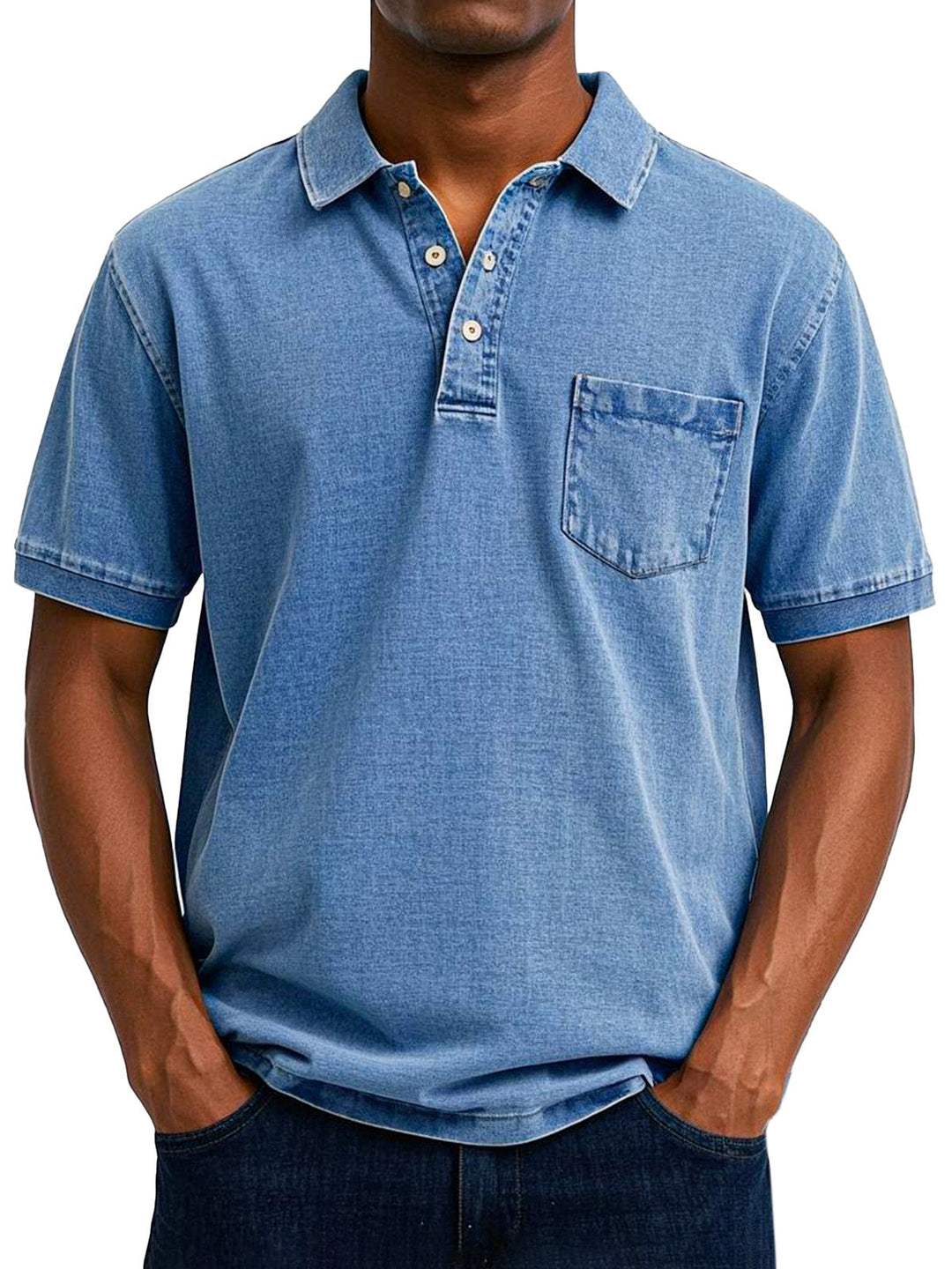 Blaues Herren-Poloshirt im Vintage-Washed-Look mit klassischem Kragen, kurzer Knopfleiste und aufgesetzter Brusttasche.