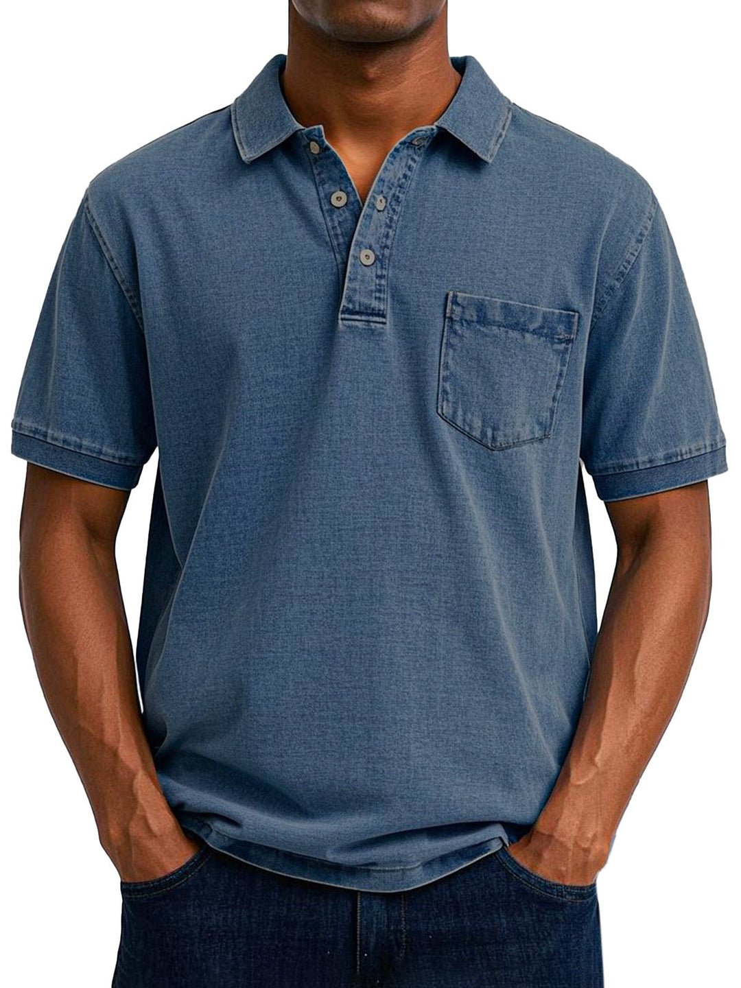 Blaues Herren-Poloshirt im Vintage-Washed-Look mit klassischem Kragen, kurzer Knopfleiste und aufgesetzter Brusttasche.