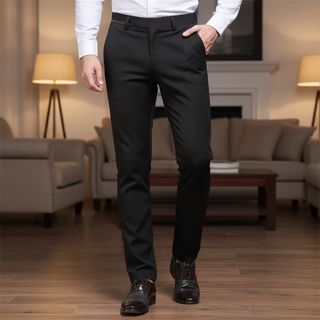 Schwarze Marco Herren-Stretchhose mit geradem Schnitt für maximalen Tragekomfort und eine elegante Silhouette.