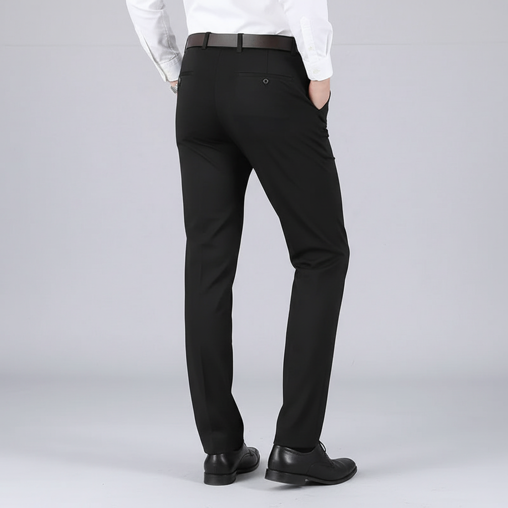 Schwarze Marco Herren-Stretchhose mit geradem Schnitt, Knopfdetails an den Gesäßtaschen und bequemem, elastischem Material.